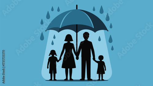 Protecting family from life's storms with insurance, a symbol of safety, security, and love for a happy future under the umbrella of care