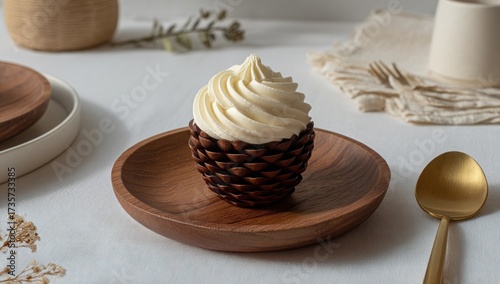 A delectable cupcake, swirled with creamy frosting, nestled in a decorative, dark brown pine-cone shaped holder, sits on a wooden plate, creating a beautiful display.