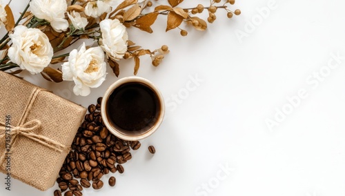 A decorative arrangement of white flowers, dried branches, a gift box, and a cup of coffee on a white surface, creating a tranquil and inviting aesthetic.