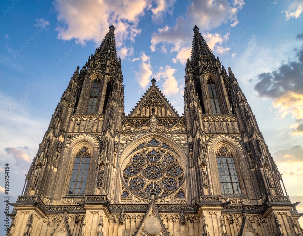 Fototapeta premium The spires of the Gothic cathedral soar skyward.
