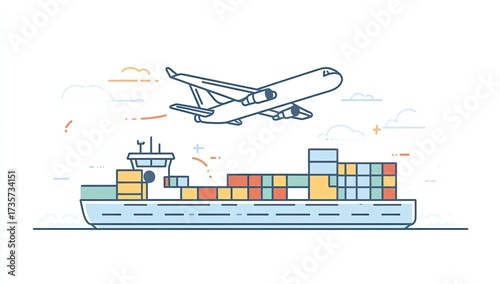 Plane flies over cargo ship filled with shipping containers