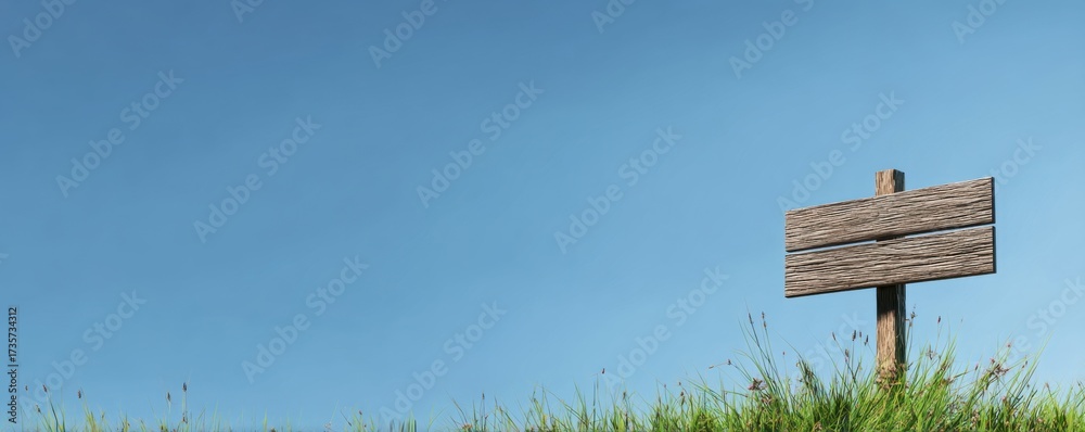Naklejka premium wooden signpost standing in a grassy field under a clear blue sky empty planks ready for text