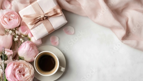 A delicate arrangement of soft pink flowers, a gift, and a cup of coffee sits on a light gray surface, draped with a blush pink fabric, creating a serene and romantic scene.