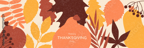 Happy Thanksgiving day trendy banner template. Leaves, berries and pumpkin in flat style with grain grunge texture. Modern vector illustration for card web poster info celebration