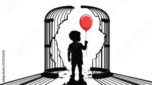 Little boy escapes cage with red balloon, symbolizing freedom and hope, creating a powerful image of childhood dreams and breaking barriers