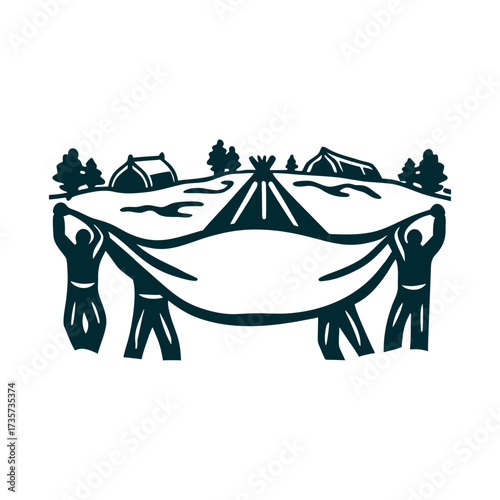 Inuit Blanket Toss Silhouette Illustration Inuit Blanket Toss Multiple hands gripping edges of a taut hide blanket