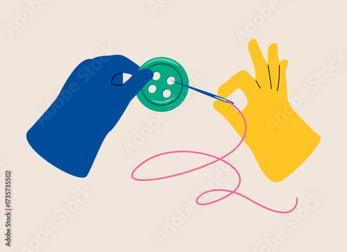 Hand holding needle to sew buttons. Colorful vector illustration