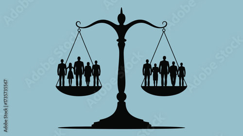 Striking balance between diverse groups with scales of justice for equality and inclusion concepts in law, society, and government.