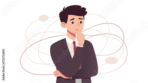 A suited man is lost in thought, gazing upward with a thoughtful demeanor..eps