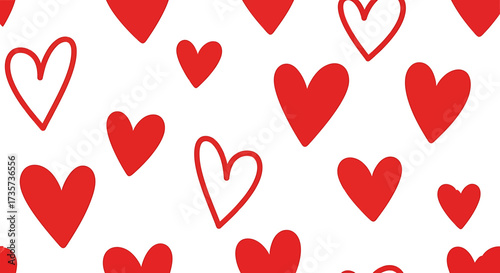 A seamless pattern of red hearts of various sizes and styles on a white background, perfect for Valentine's Day.