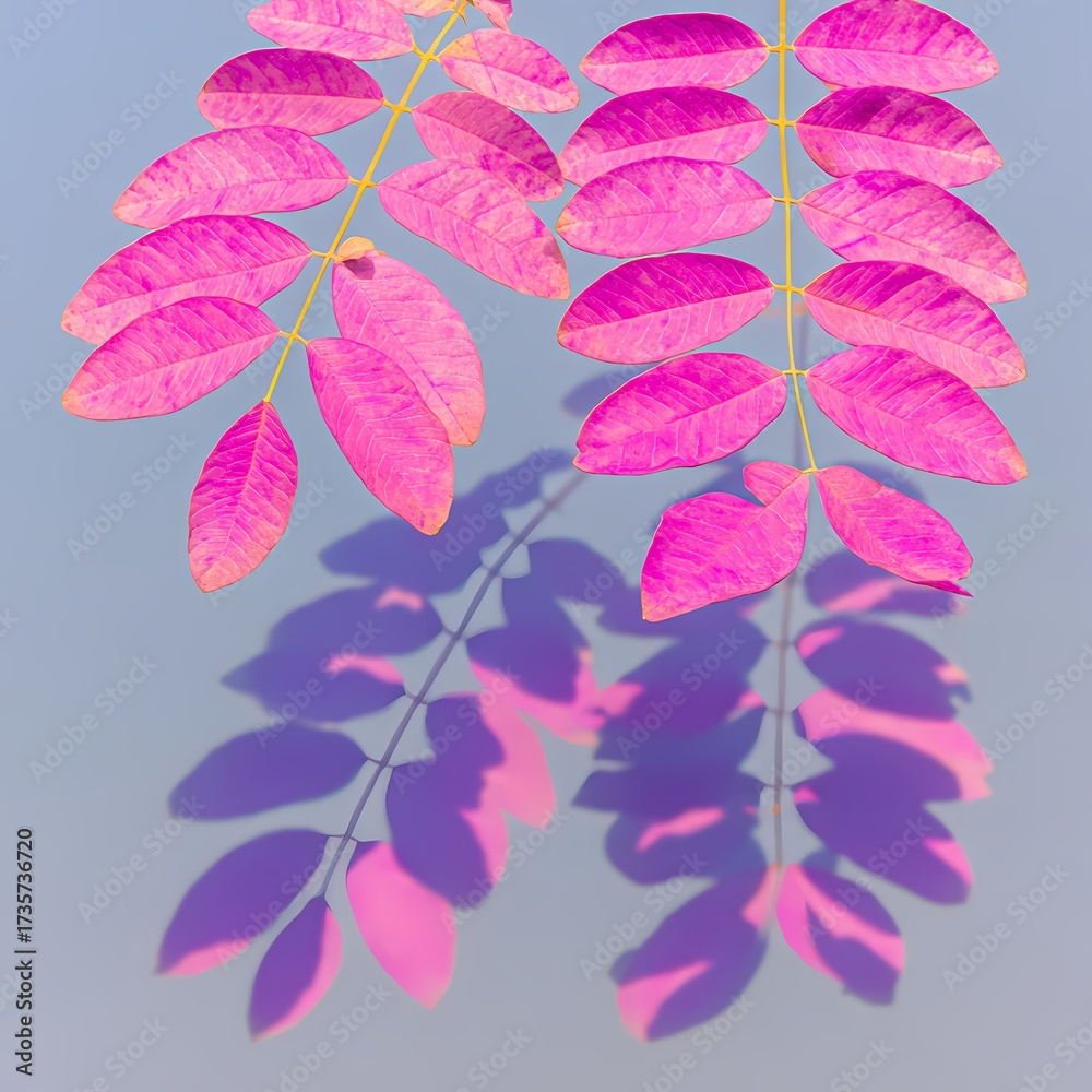 Obraz premium Vibrant pink leaves casting shadows on a smooth light background during a sunny day in a garden Generative AI