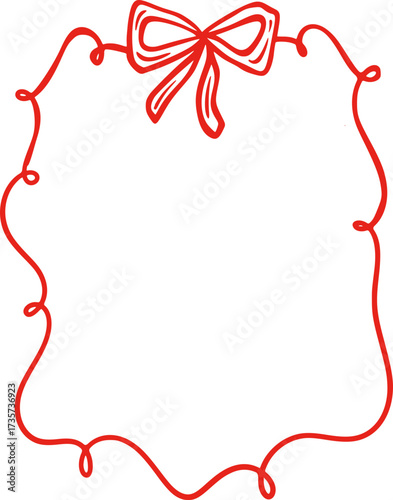 Rectangle red ribbon bow frame. Hand drawn aesthetic vertical border. Whimsical vector illustration. Trendy art for Christmas, Valentines day, birthday, menu, bachelorette party design line art.