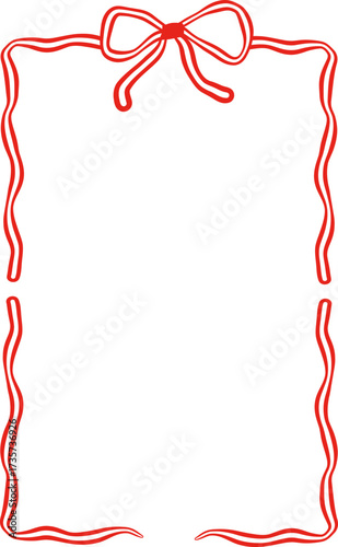 Rectangle red ribbon bow frame. Hand drawn aesthetic vertical border. Whimsical vector illustration. Trendy art for Christmas, Valentines day, birthday, menu, bachelorette party design line art.