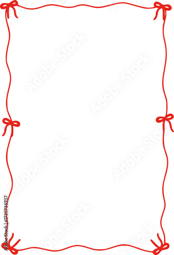 Rectangle red ribbon bow frame. Hand drawn aesthetic vertical border. Whimsical vector illustration. Trendy art for Christmas, Valentines day, birthday, menu, bachelorette party design line art.
