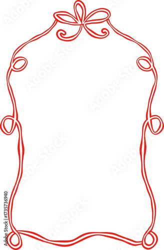 Rectangle red ribbon bow frame. Hand drawn aesthetic vertical border. Whimsical vector illustration. Trendy art for Christmas, Valentines day, birthday, menu, bachelorette party design line art.