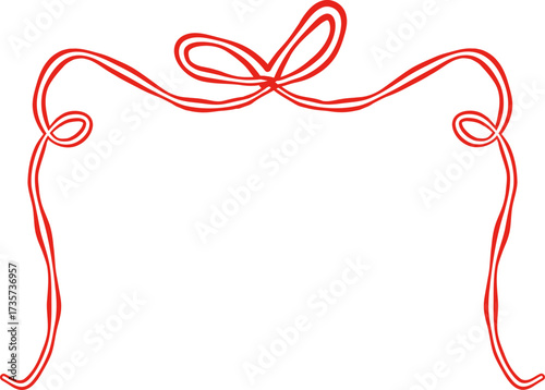 Wavy red ribbon bow frame. Red ribbon bow frame of hand drawn line art style. Whimsical vector illustration. Trendy art for Christmas, Valentines day, birthday, menu, bachelorette party design.