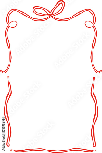 Rectangle red ribbon bow frame. Hand drawn aesthetic vertical border. Whimsical vector illustration. Trendy art for Christmas, Valentines day, birthday, menu, bachelorette party design line art.