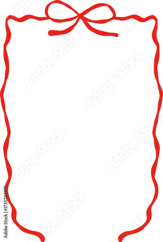Rectangle red ribbon bow frame. Hand drawn aesthetic vertical border. Whimsical vector illustration. Trendy art for Christmas, Valentines day, birthday, menu, bachelorette party design line art.