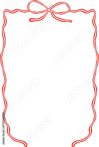 Rectangle red ribbon bow frame. Hand drawn aesthetic vertical border. Whimsical vector illustration. Trendy art for Christmas, Valentines day, birthday, menu, bachelorette party design line art.