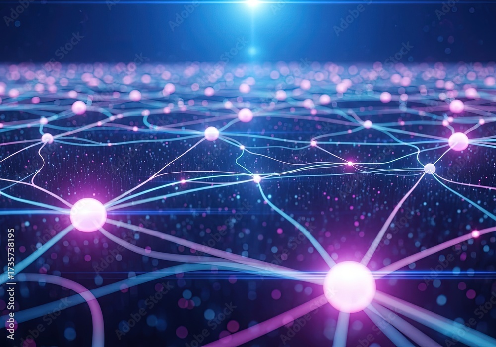 Obraz premium Abstract network background with glowing nodes and connections, symbolizing data transfer, artificial intelligence, and the interconnectedness of the digital world