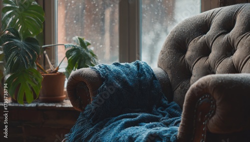 A cozy winter scene at a window, featuring a plush armchair draped in a textured blue blanket, a plant, and a snowy ambiance.