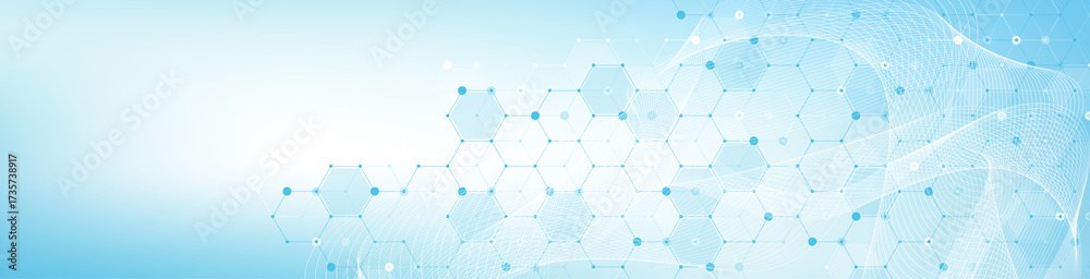 Obraz premium Modern health care or medical background design. Health care innovation concept. Horizontal header web banner. Abstract geometric background with hexagon shapes for medicine, science, chemistry.