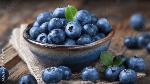 Wallpaper Mural Fresh, plump blueberries with water droplets fill a rustic blue ceramic bowl on a wooden surface Torontodigital.ca