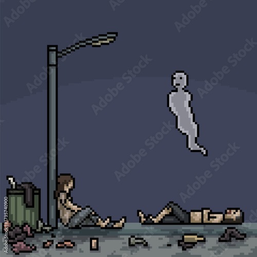 pixel art of homeless man sleep at street