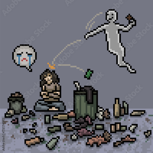 pixel art of ghost throw junk at human