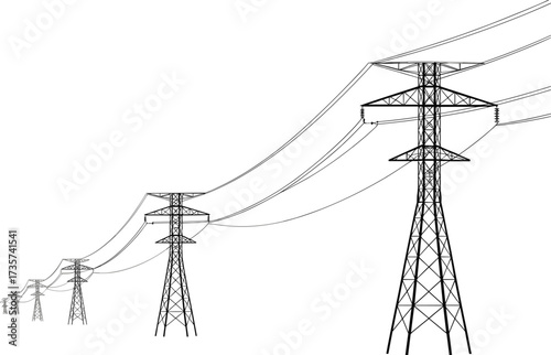 Black and white illustration of high voltage power lines, electricity transmission towers, energy infrastructure, grid system,