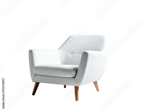 A contemporary white armchair with wooden legs on a transparent background