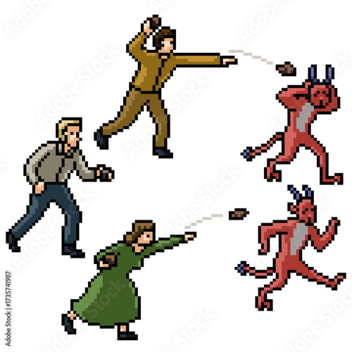 pixel art of people throw rock at demon