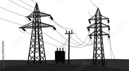 High voltage electricity pylons, power transformer, and transmission lines in black and white, energy infrastructure,