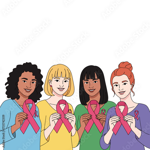 Empowered women supporting breast cancer awareness with pink ribbons, symbolizing hope and solidarity in the fight against the disease, spreading positivity