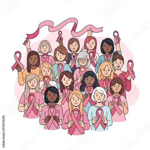 Diverse women unite in breast cancer awareness, holding pink ribbons high, radiating hope and strength for health campaigns and empowering communities