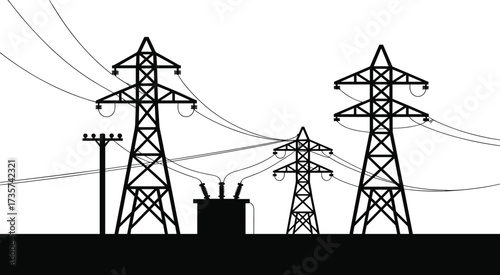 High voltage electricity pylons, power transformer, and transmission lines in black and white, energy infrastructure,