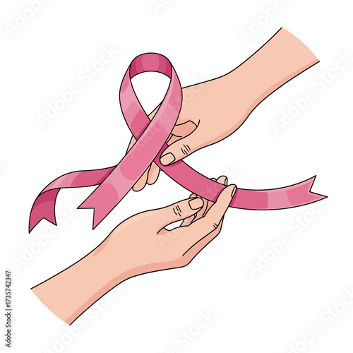 Show of support hands gently holding a pink ribbon for breast cancer awareness, a symbol of hope, and a message of resilience and solidarity.