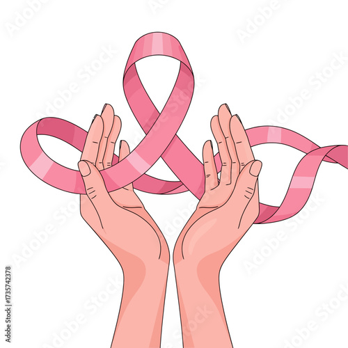 Hands gracefully holding a pink ribbon, symbolizing hope and support for breast cancer awareness, offering a message of strength and solidarity