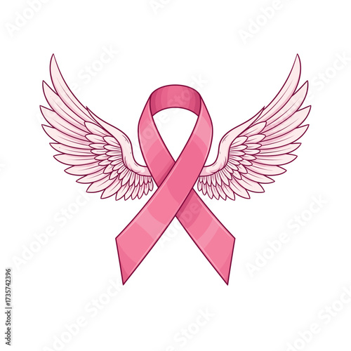 Pink ribbon with wings symbolizes hope, strength, and support for breast cancer awareness month and survivors, a symbol of the fight for a cure.