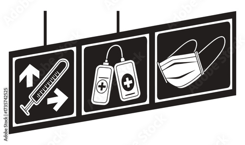 Medical Equipment Glyph Icons – Black Thermometer, Blood Pressure Meter, Oxygen and Surgical Mask Symbols