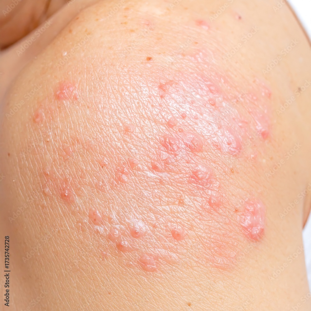Fototapeta premium Skin rash on shoulder. Red, bumpy rash