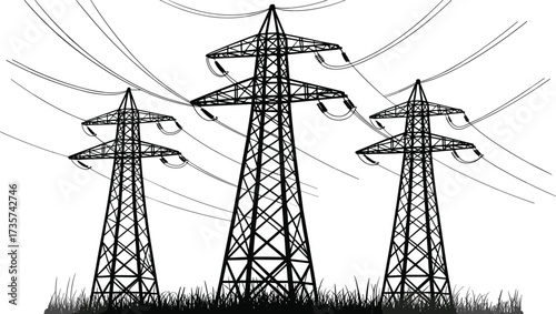 High voltage electricity transmission towers with power lines, black and white illustration, energy infrastructure