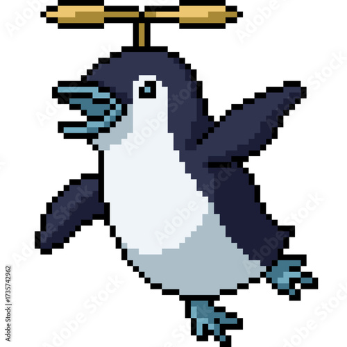 pixel art of penguin fly with propeller