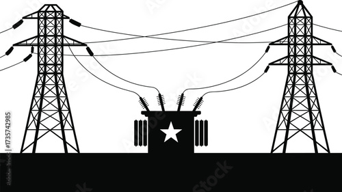 High voltage electricity transmission towers, power substation transformer, energy distribution system, industrial electrical grid,