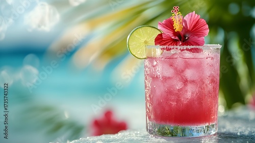 Tropical cocktail with hibiscus flower and lime slice on the beach