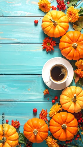 Autumnal still life featuring pumpkins, flowers, and a cup of coffee on blue wood
