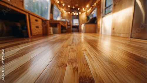 Beautifully Polished Hardwood Floor Interior of a Cozy RV or Tiny Home.