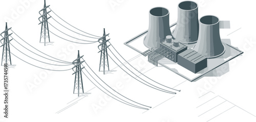 Isometric illustration of a power plant, electricity transmission towers, energy generation, power grid infrastructure,