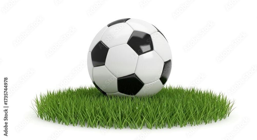 Obraz premium Soccer ball on grass isolated on white background classic black and white football on a patch of green grass, perfect for sports and recreation themed designs and illustrations