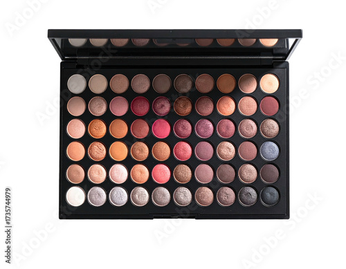 An open, rectangular makeup palette reveals a diverse range of eyeshadow colors